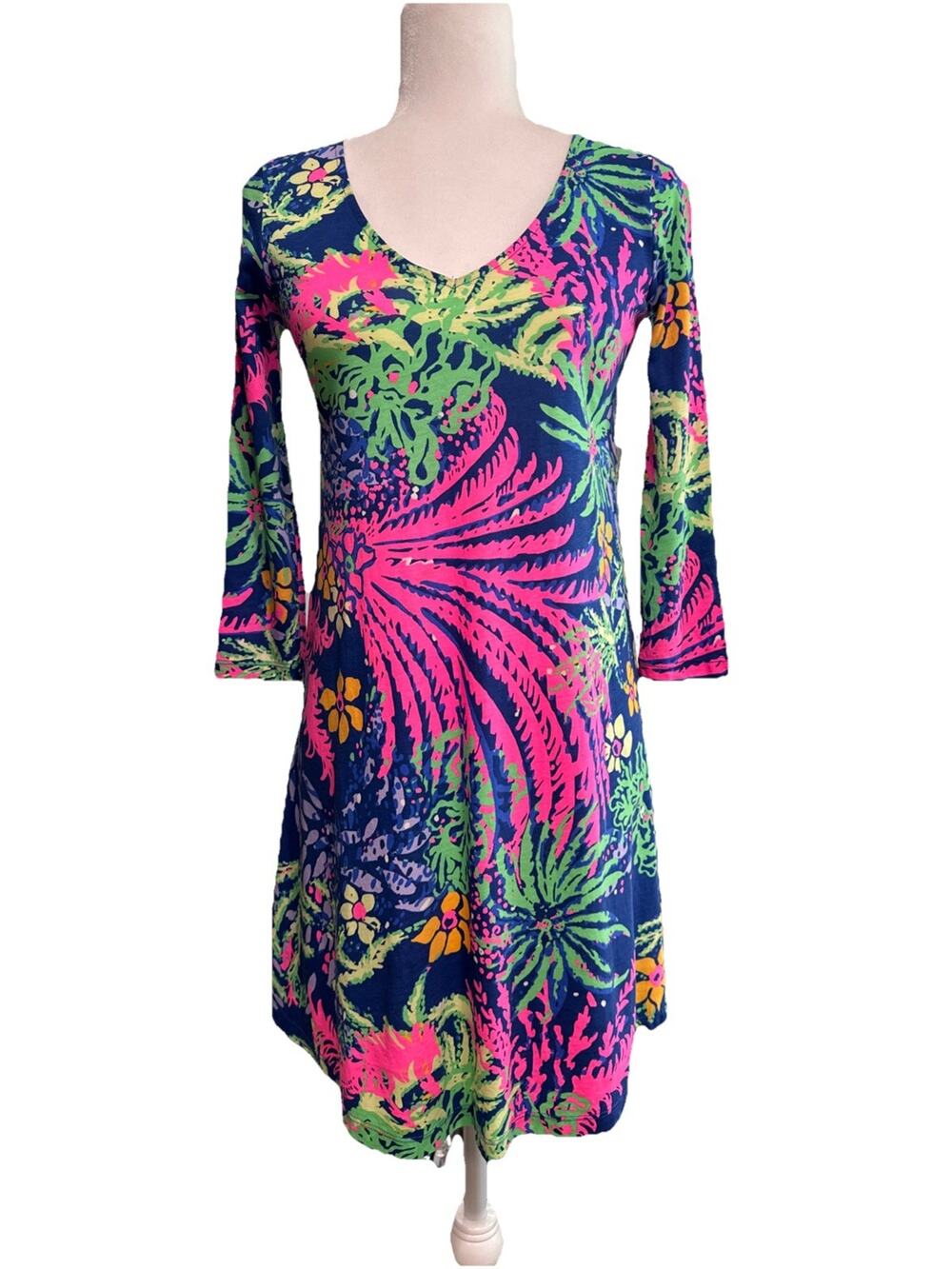 Lilly Pulitzer All AGlow Dress Womens XXS Erin Indigo Floral V-Neck Knee Lenght